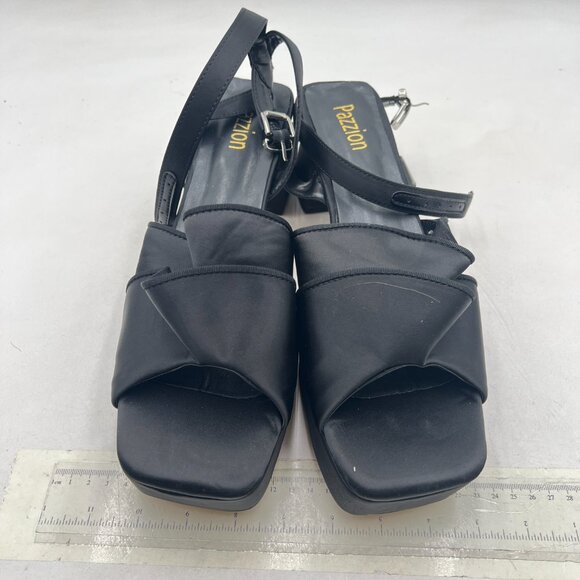 Pazzion Black Satin Platform Square Toe Pleated Ruffle Sandal Block Heel Shoes - Picture 3 of 8